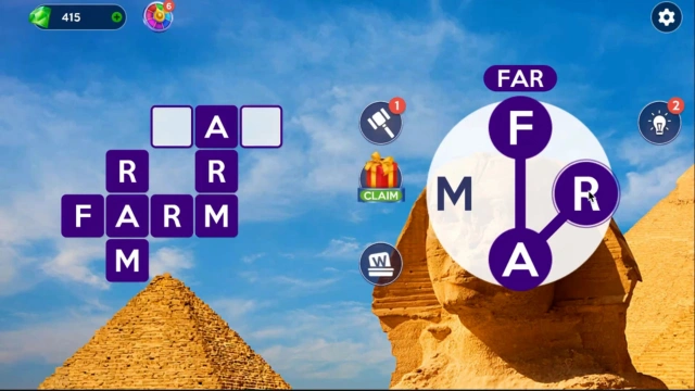 Connecting the letters F, A, and R on the wheel to spell FAR, with FARM and ARM already filled in the grid