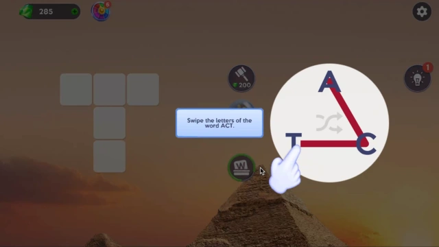 Tutorial prompt in Words of Wonders showing a finger swiping across the letters A, C, and T on the letter wheel